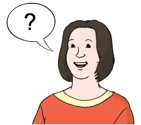Frau mit einer Sprechblase und einem Fragezeichen.