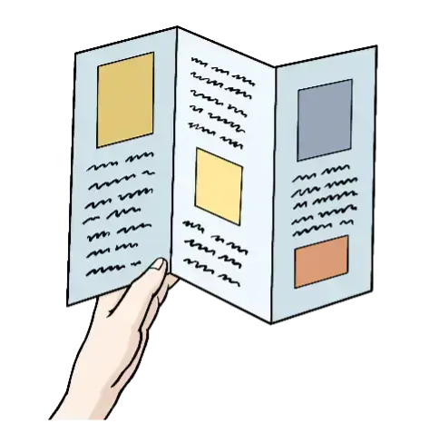 Illustration eines aufgeklappten Flyers – Symbol für rauchfrei Materialien.
