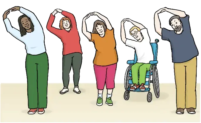 Fünf Menschen machen gemeinsam Dehnübungen, eine Person sitzt im Rollstuhl.