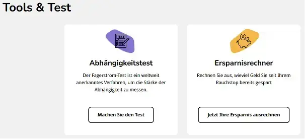 Bereich „Tools & Test“ auf rauchfrei-info.de mit Abhängigkeitstest und Ersparnisrechner.