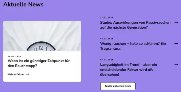 Bereich „Aktuelle News“ auf rauchfrei-info.de mit mehreren Beiträgen rund um Rauchstopp.