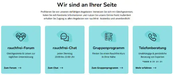 Übersicht der Unterstützungsangebote auf rauchfrei-info.de: rauchfrei-Forum, rauchfrei-Chat, Gruppenprogramm und Telefonberatung.