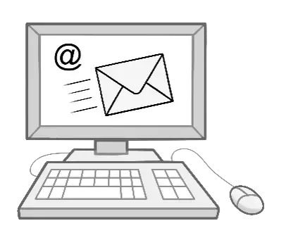 Illustration eines Computers mit einem Briefumschlag und @-Zeichen als Symbol für E-Mail.