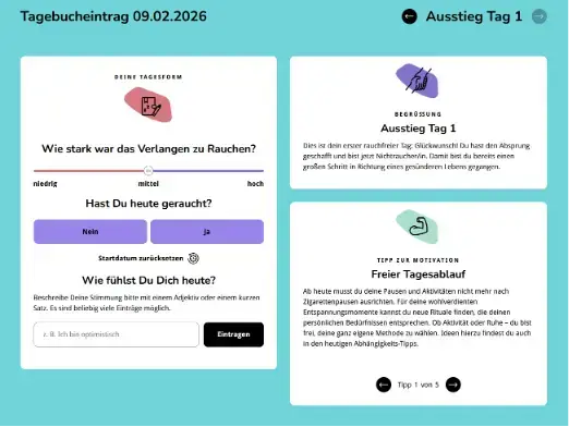 Screenshot des rauchfrei-Ausstiegsprogramms mit Tagebucheintrag und Motivationstipps für den ersten rauchfreien Tag