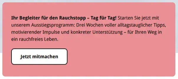 Hinweis zum rauchfrei-Ausstiegsprogramm mit der Schaltfläche „Jetzt mitmachen".