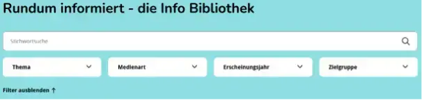 Info-Bibliothek auf rauchfrei-info.de mit Suchfeld und Filtern nach Thema, Medienart, Erscheinungsjahr und Zielgruppe.